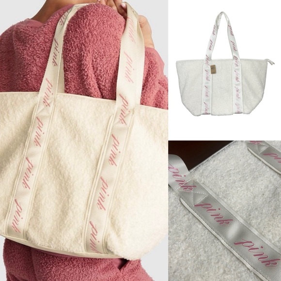 PINK Victoria's Secret Handbags - NWT PINK Victoria's Secret Sherpa Cream Tote Ribbon Straps Large Logo Cozy